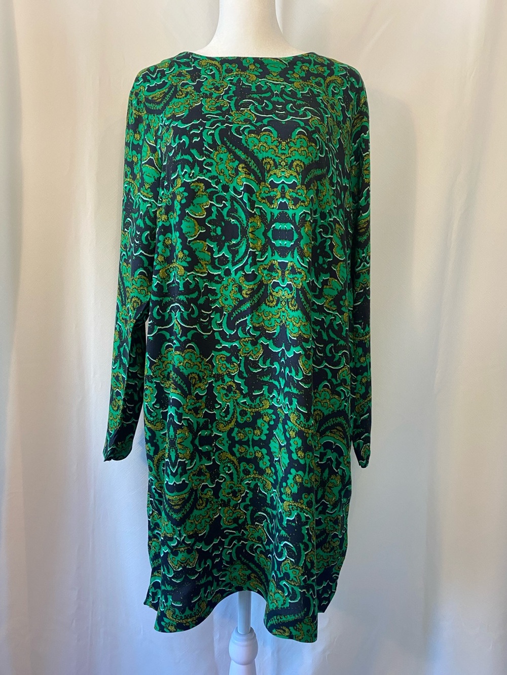 H&M Green Black Bohemian Paisley Pattern Long Sleeve Shift Dress MD Retro Mod